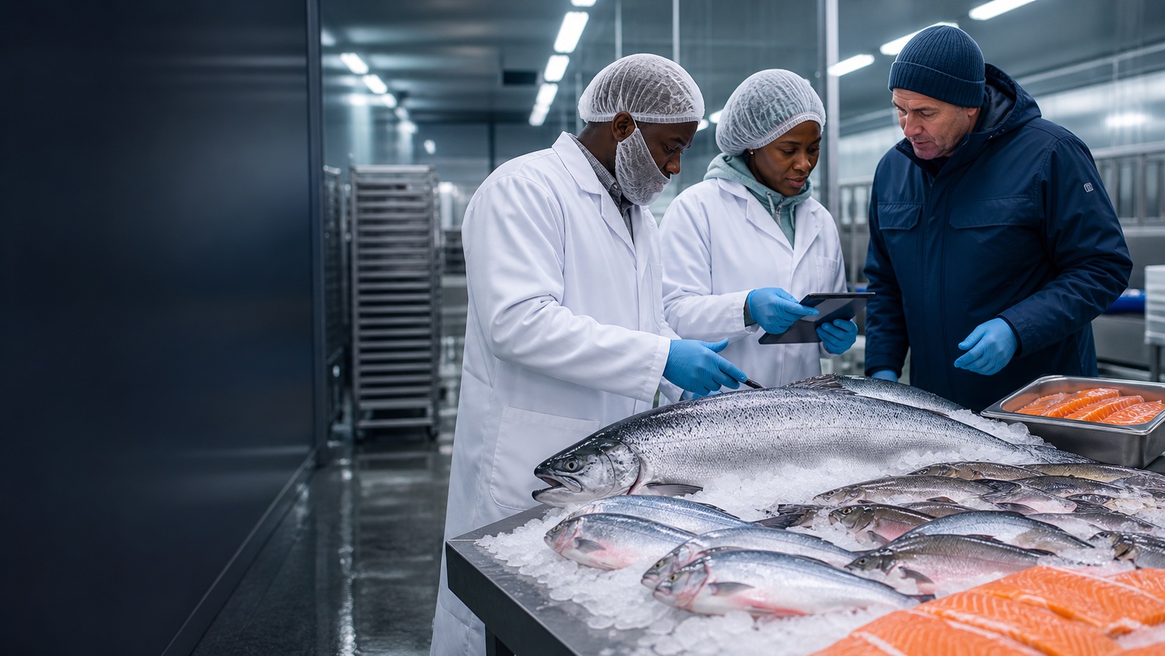 African and international seafood professionals reviewing salmon and other fish