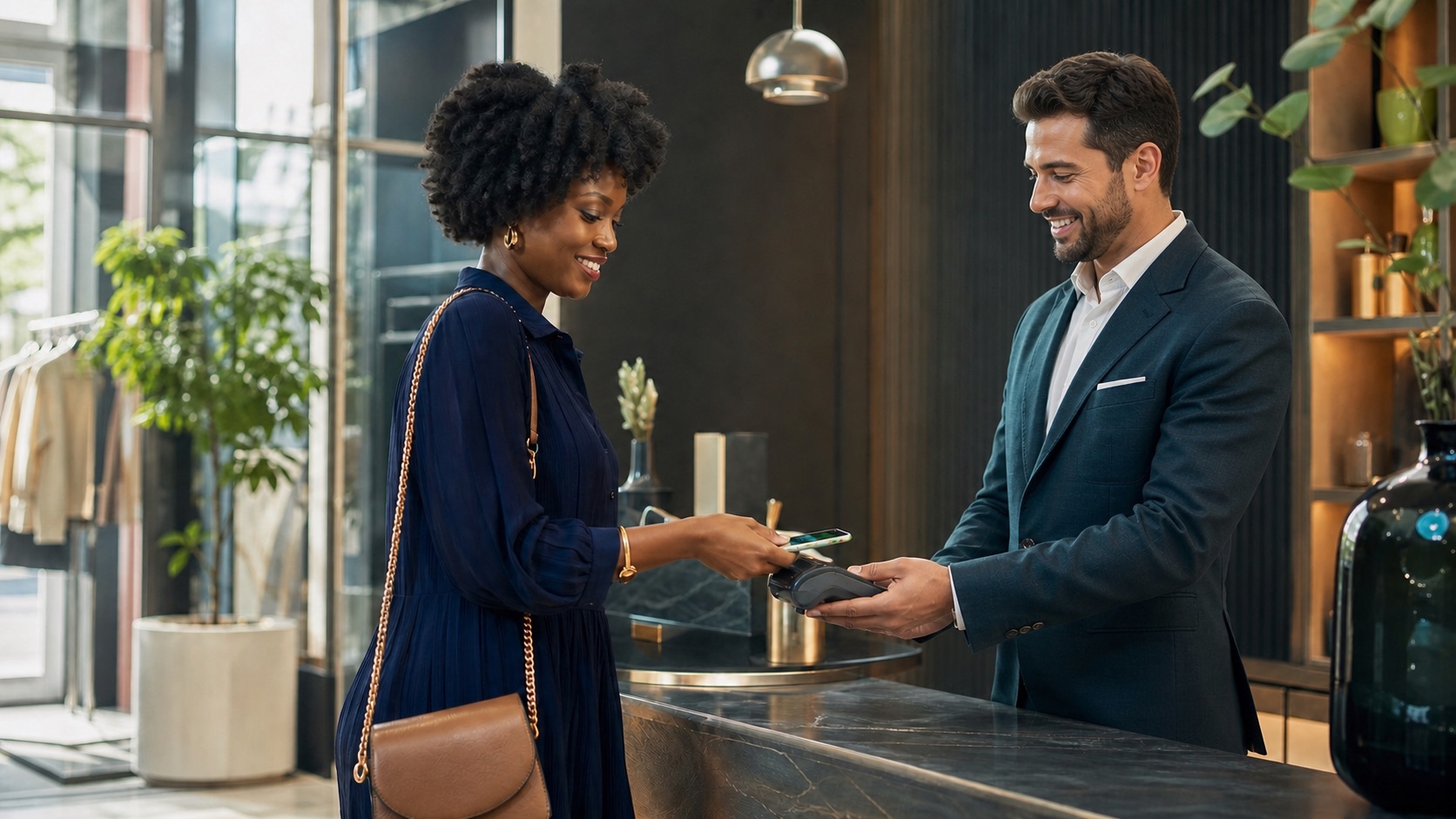 A customer using a digital payment during a retail interaction